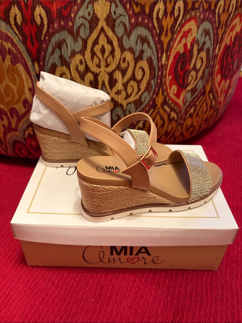 Mi Amore Tan Wedge Sandals with Rhinestone Front Strap